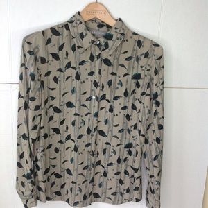 Kate Hill Green Floral Blouse Silk Button Front